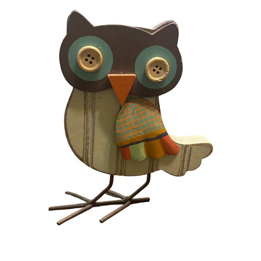 Wooden Owl Decor‎ Button Eyes Handmade Bird Upright Boho Country Chic Cute 6"